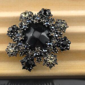Vintage Black & Clear Rhinestone Floral Brooch 2" Diameter Pin Back